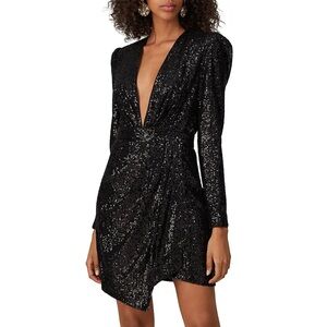 Fame & Partners Mana Dress Black Sequin Deep V-neck Faux Wrap Mini Size 4 *READ